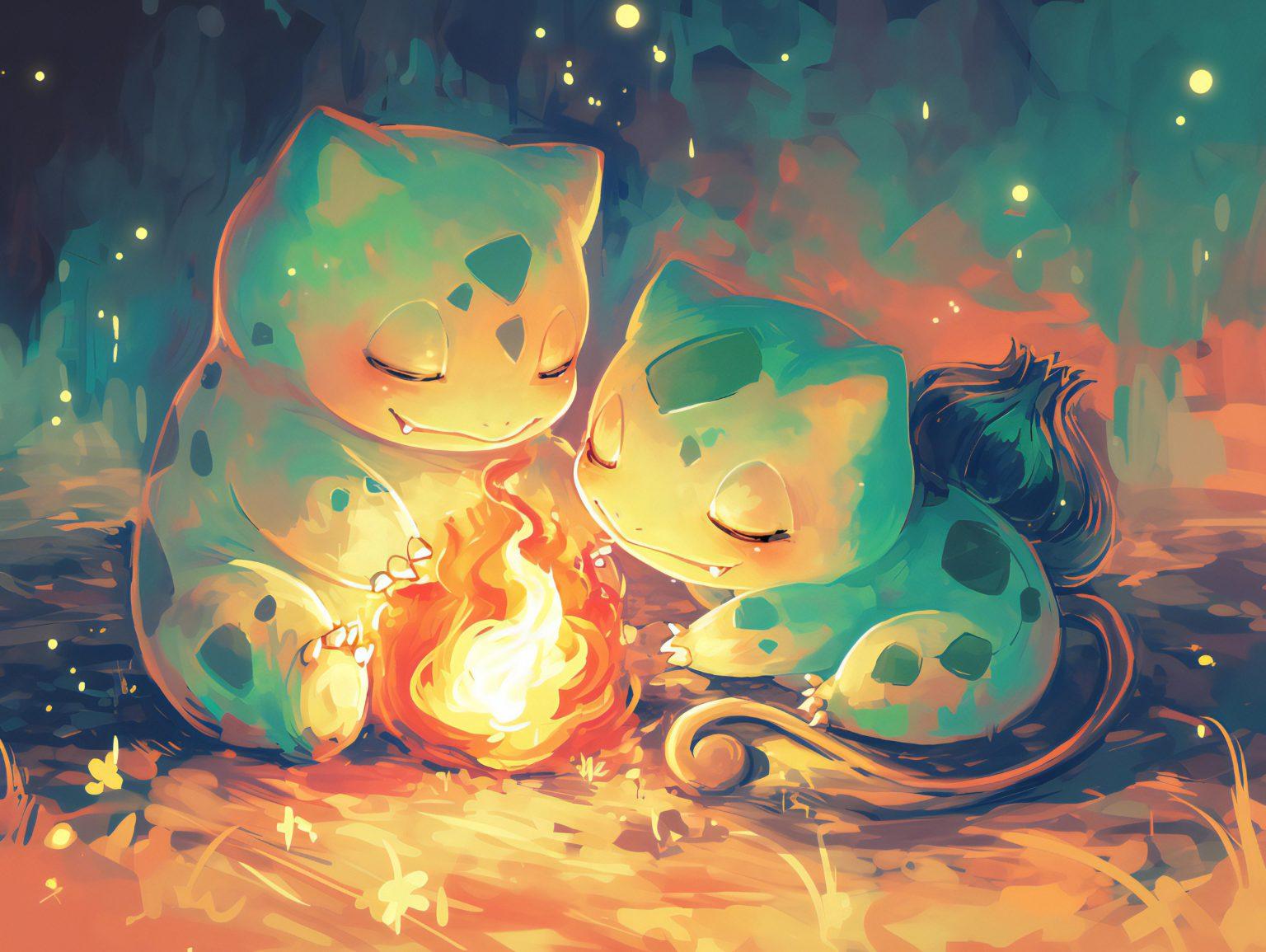 A kawaii bulbasaur wallpaper with glowing details, radiating cheerful and colorful energy.