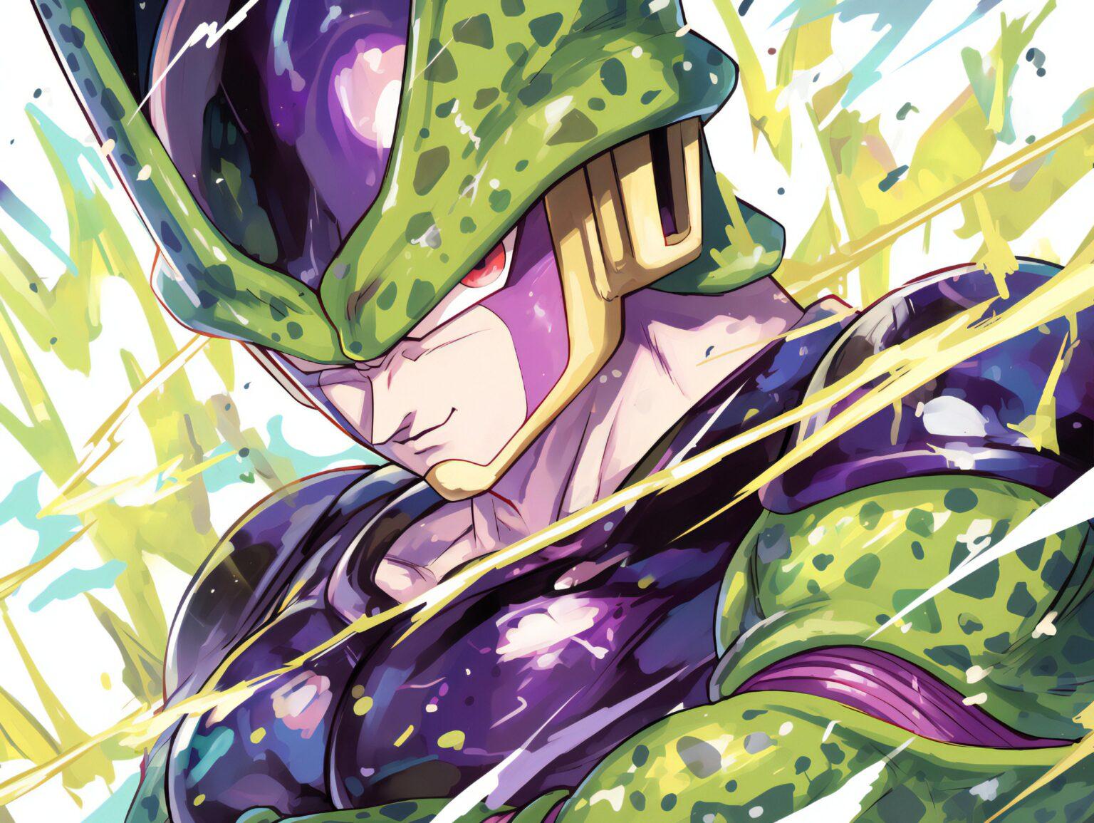 A dragon ball z cell wallpaper featuring expressive textures and bold artistic contrasts.