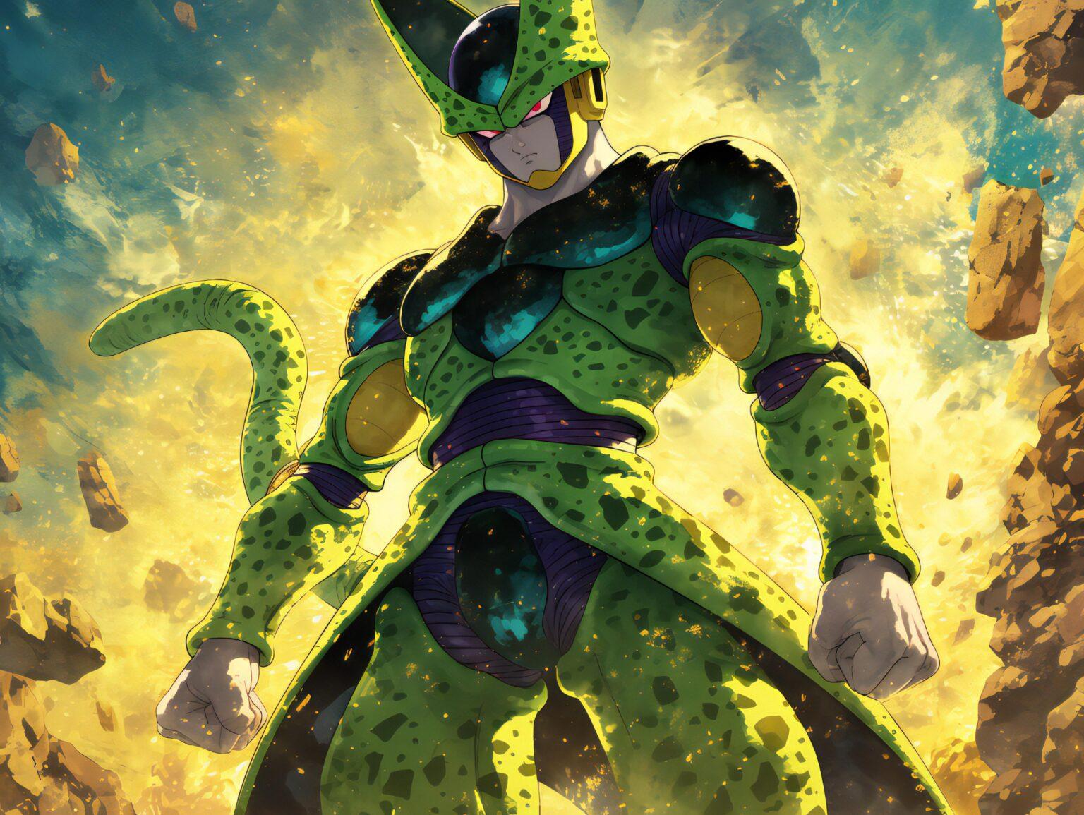 A cell dbz wallpaper featuring bold shading and expressive artistic textures.