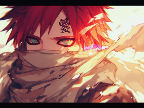 A dark Gaara wallpaper with strong contrasts and an intense shinobi atmosphere.