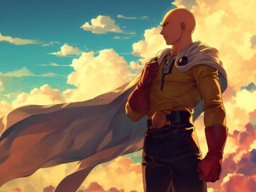 A Saitama power wallpaper with strong motion effects, dynamic lighting, and bold energy contrasts.