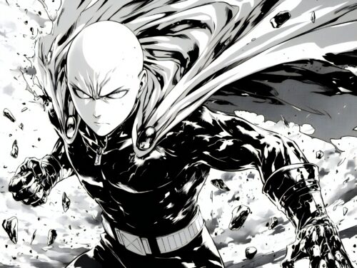 A Saitama One Punch Man wallpaper with fast motion, sharp lighting, and bold contrast.