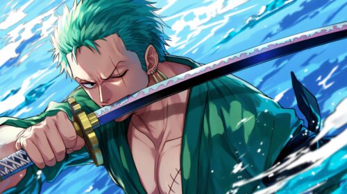 A Zoro One Piece background with strong action elements and a sharp, fearless aesthetic.