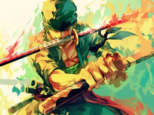 A Roronoa Zoro background with bold action elements and a fearless warrior aesthetic.