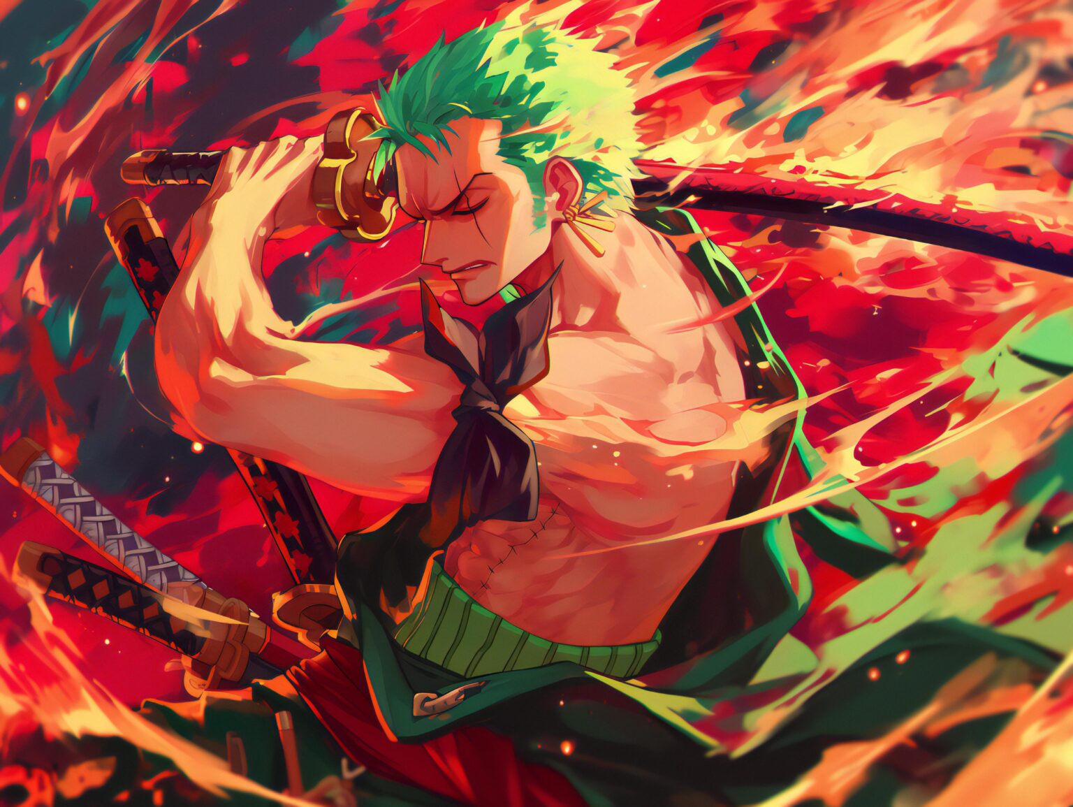 A Zoro One Piece background with action-driven elements and a fearless, intense aesthetic.