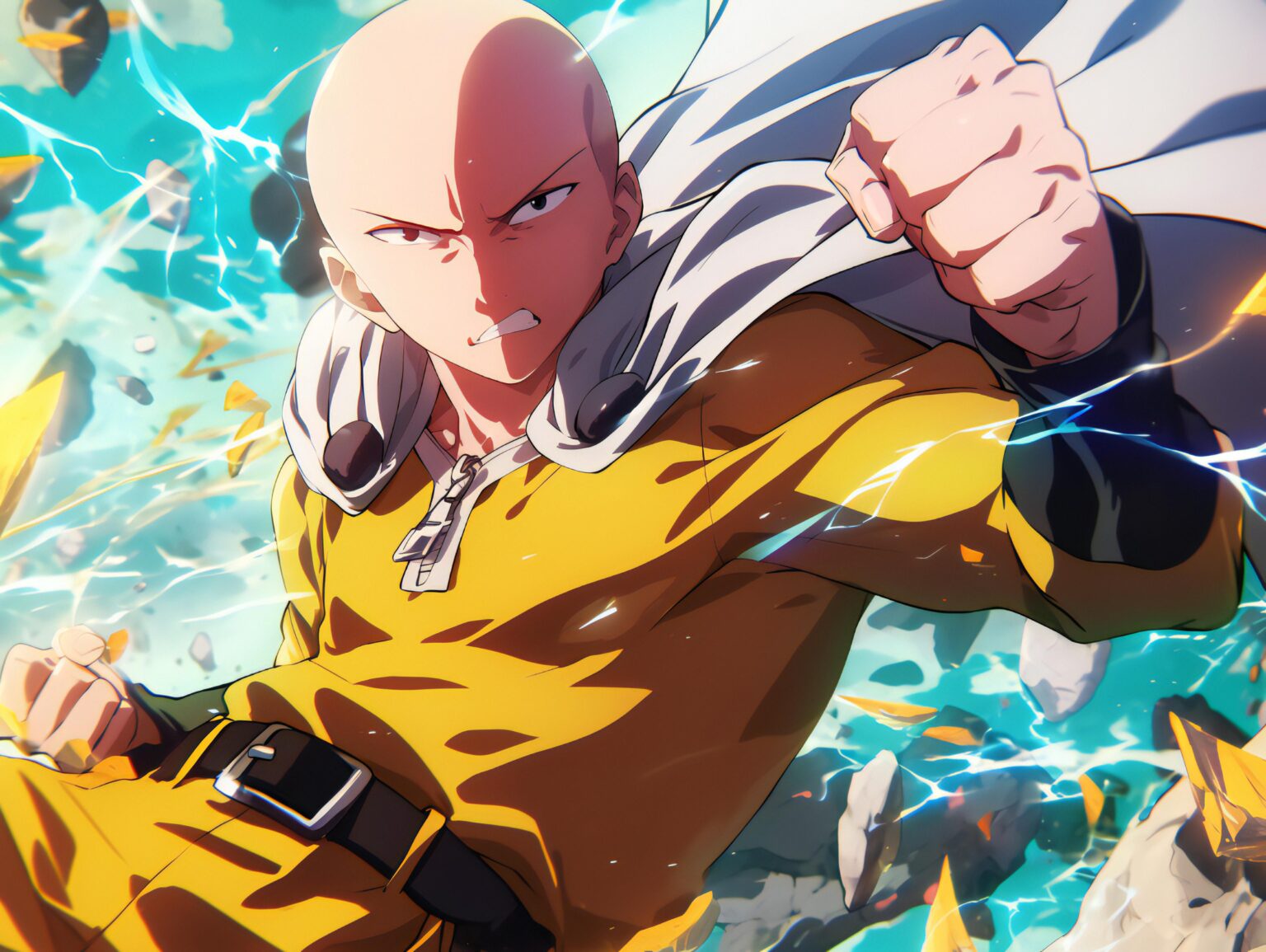 A One Punch Man HD wallpaper with high-intensity motion, sharp contrast, and explosive lighting effects.