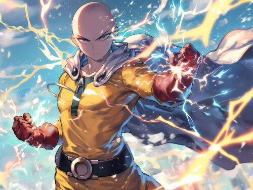 A Saitama combat wallpaper with powerful motion, sharp contrast, and bold battle lighting effects.