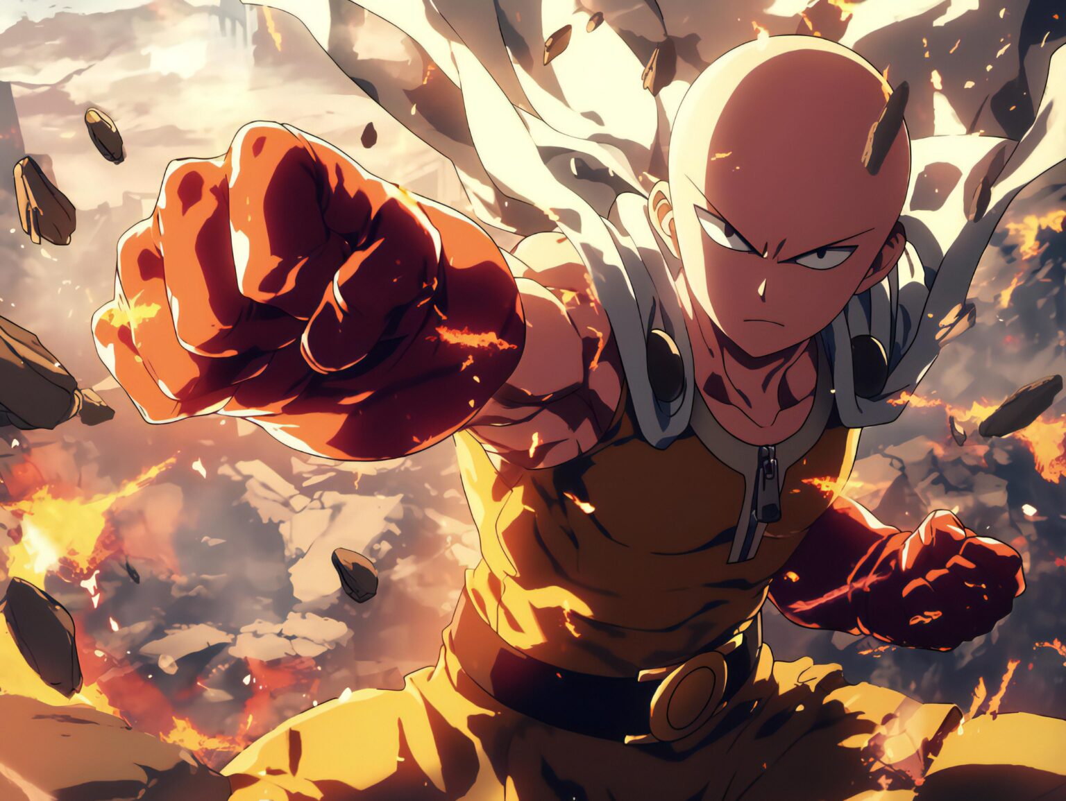 A Saitama background with intense motion effects, sharp contrasts, and cinematic lighting.