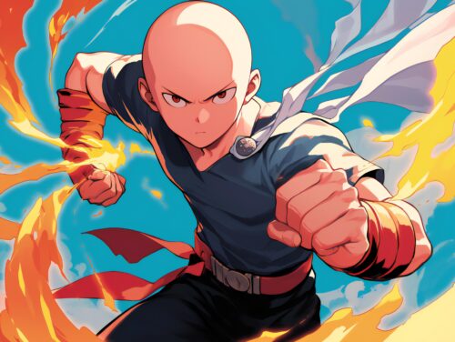 A One Punch Man Saitama wallpaper with high-energy motion and explosive lighting effects.