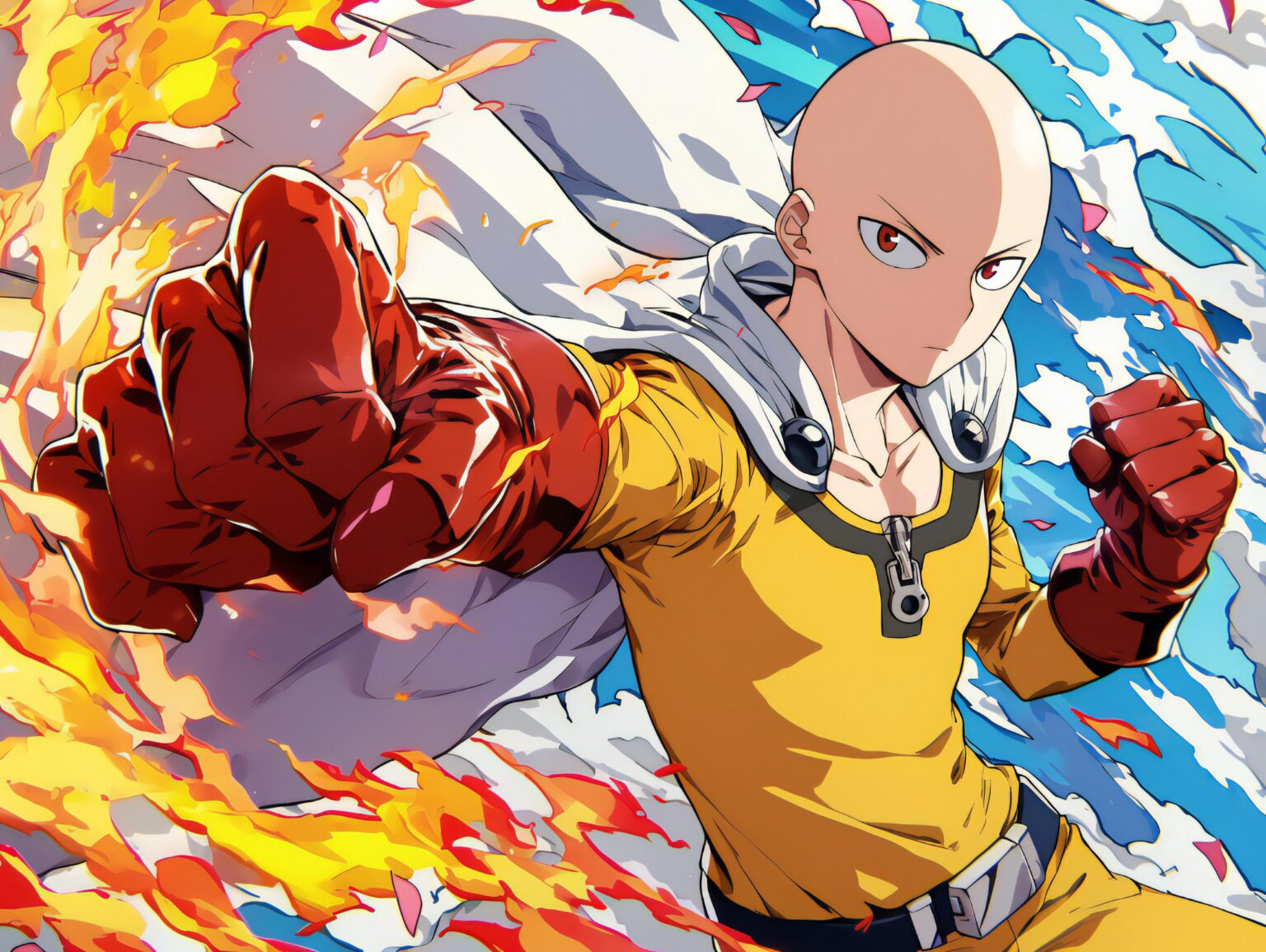 A high-energy One Punch Man background with explosive action and bold lighting effects.