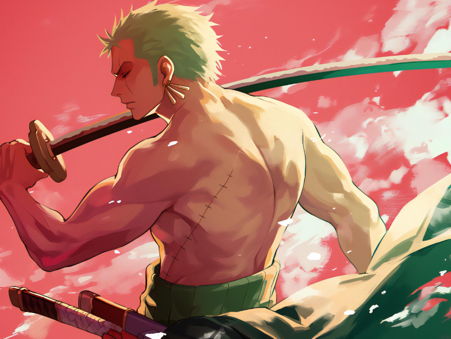 A Zoro One Piece background with bold action elements and a fearless, high-energy aesthetic.