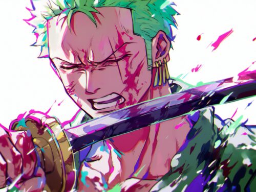 A Roronoa Zoro wallpaper with strong action elements and a bold, determined aesthetic.